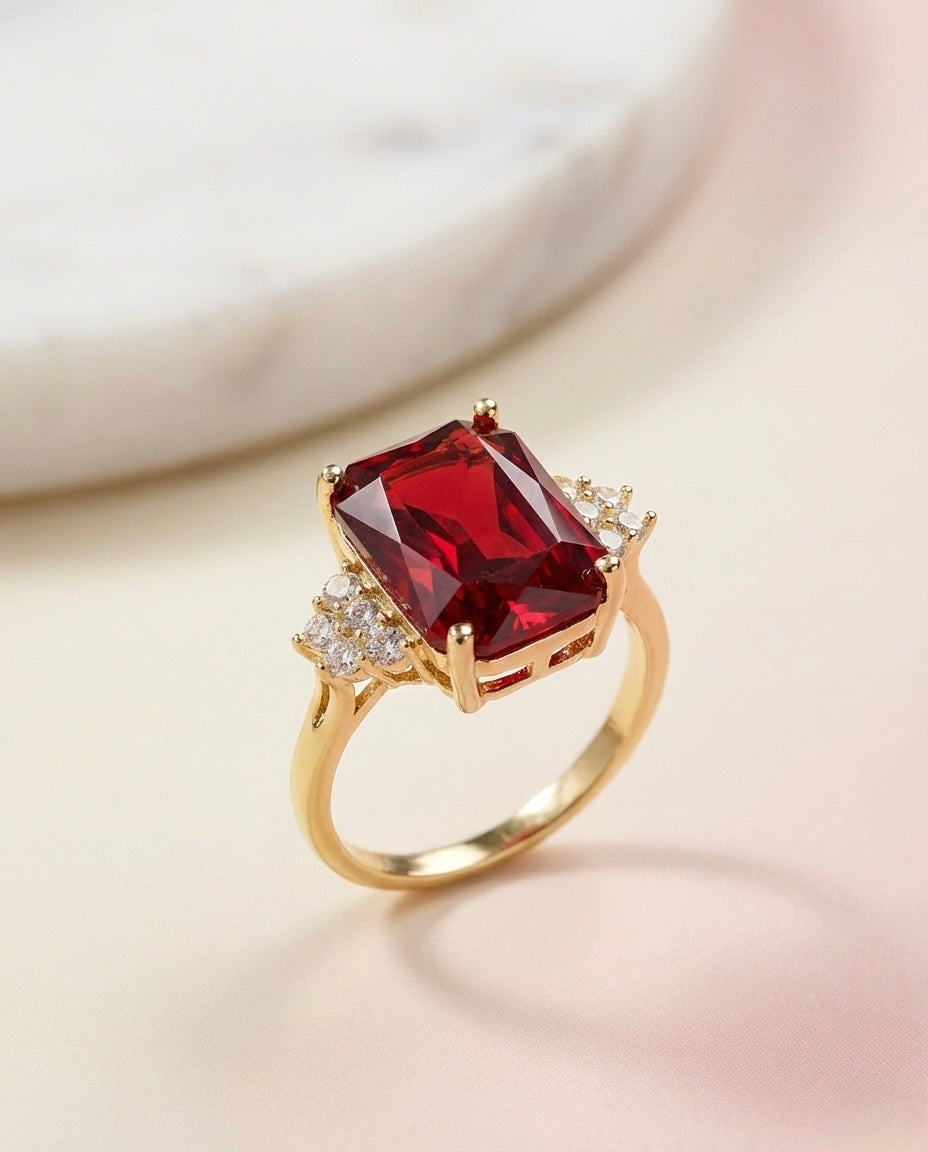 Gold Ruby-Red Statement Ring - Emerald Cut Gemstone 💎 ♥️