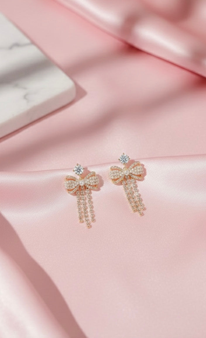 Coquette Crystal Fringe Bow Earrings - Gold Bow Studs with Crystal Tassels 🎀✨