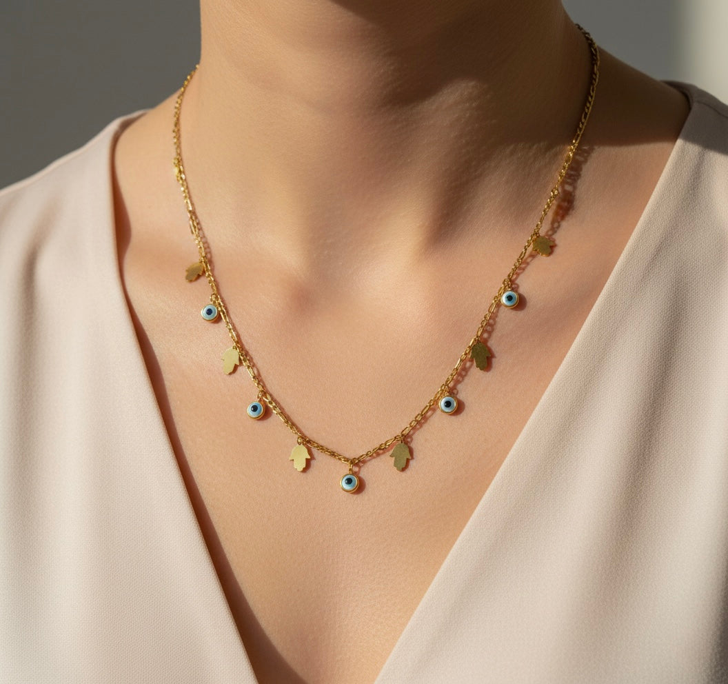 🌟 Evil Eye & Hamsa Charm Necklace – Gold Tone Protection Jewelry 🧿🤍