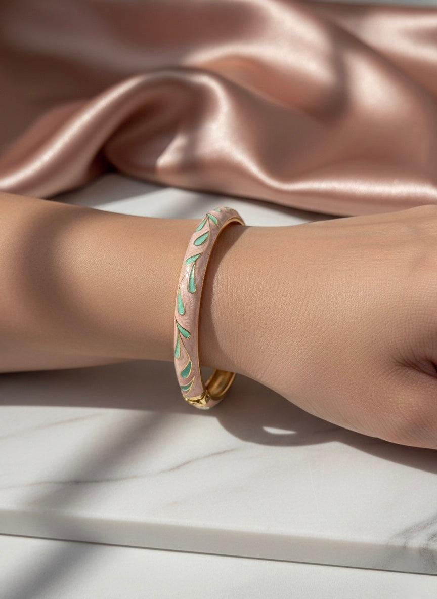 🌿 Blush Leaf Enamel Bangle 💖 – Anti-Tarnish Gold Bracelet