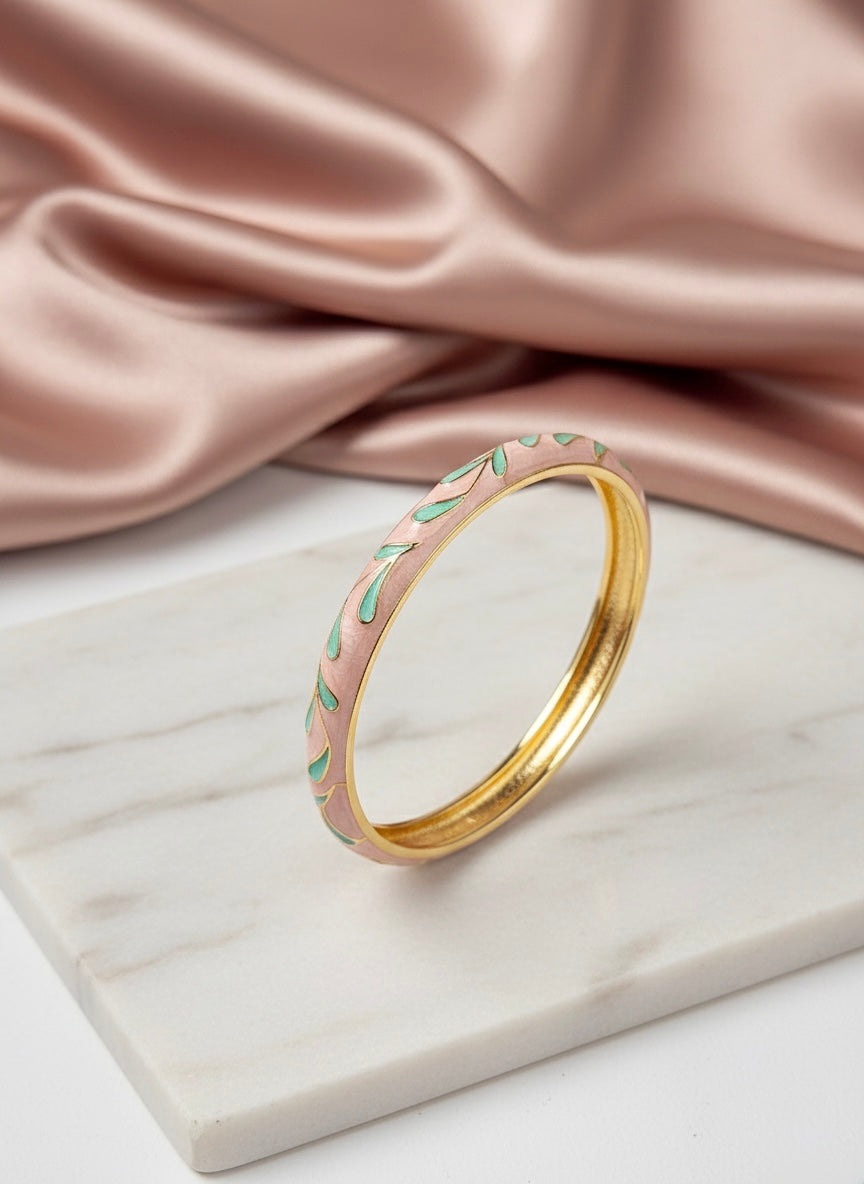 🌿 Blush Leaf Enamel Bangle 💖 – Anti-Tarnish Gold Bracelet
