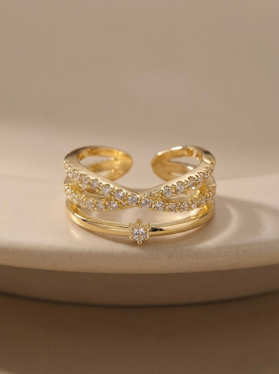 Gold Triple Layer Criss-Cross Ring - Shimmering Adjustable Band 💛