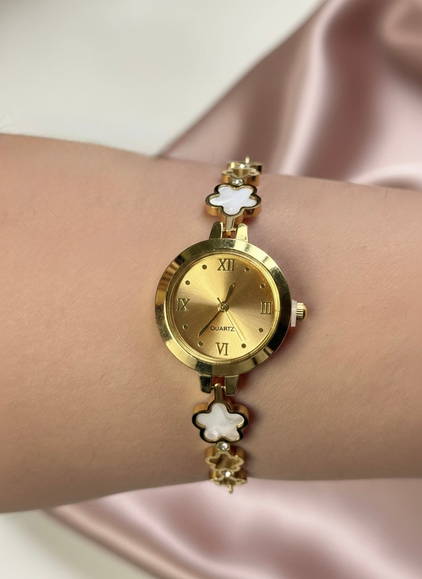Gold Floral Adjustable Bangle Watch - Clover Link Jewelry Watch ✨