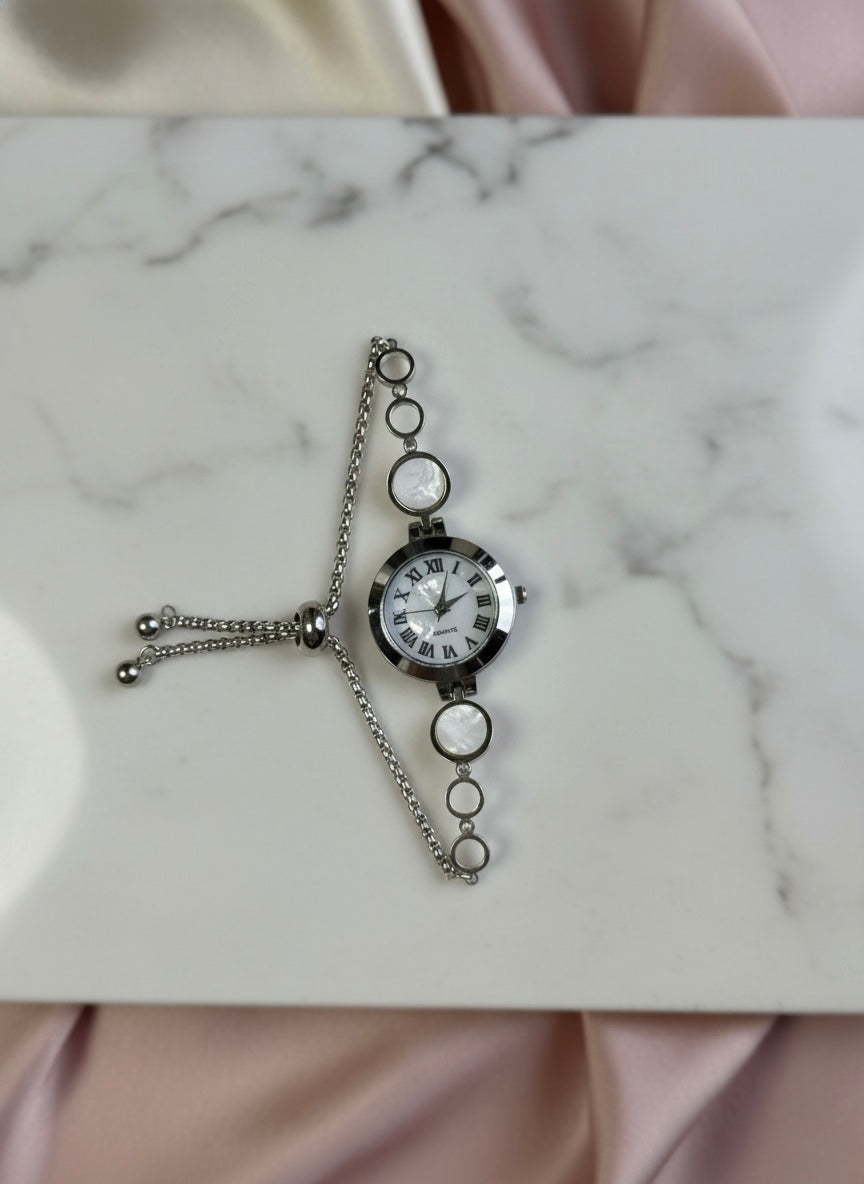 Classic Silver Link Watch with Pearlescent Accents ✨