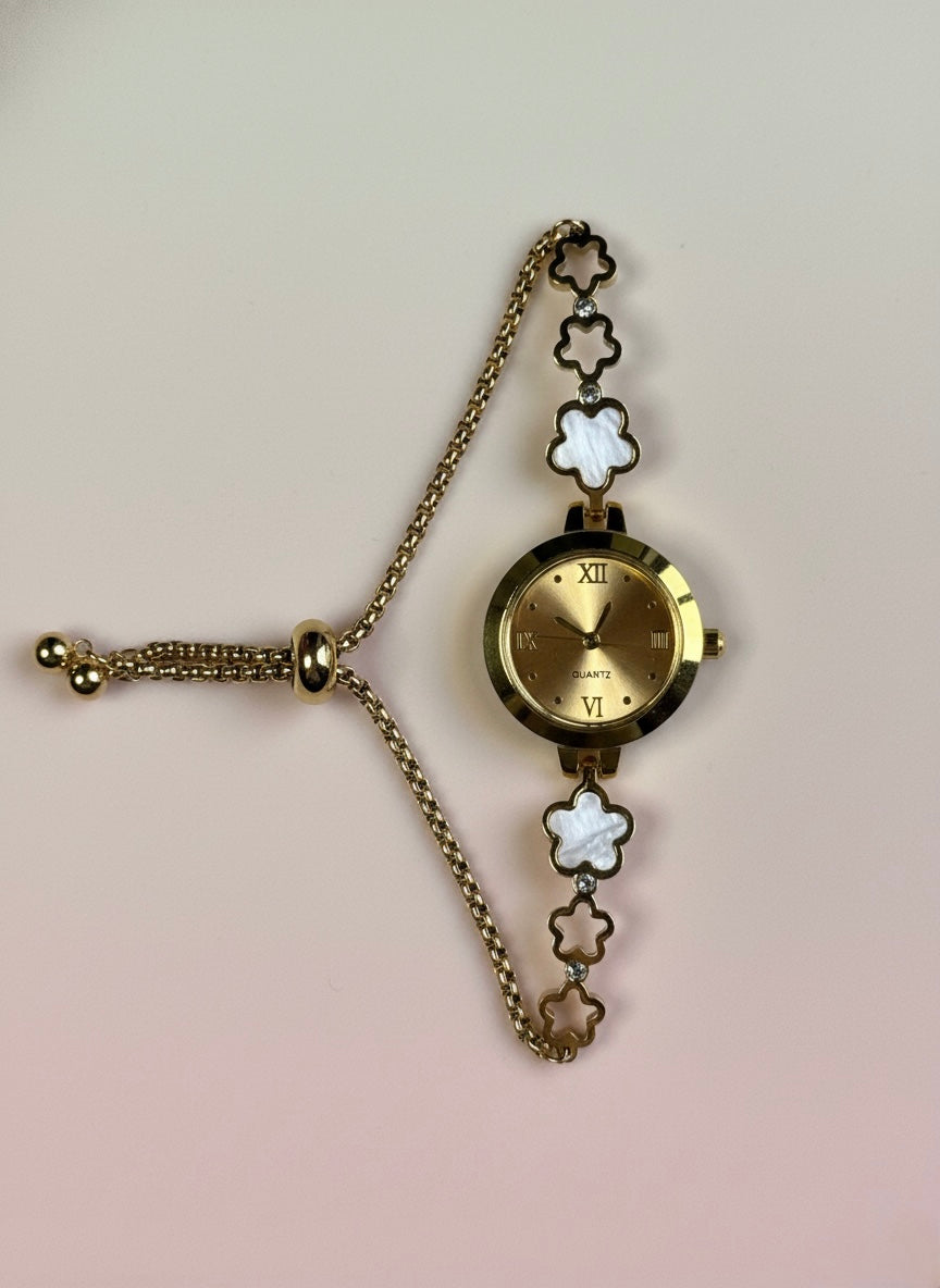 Gold Floral Adjustable Bangle Watch - Clover Link Jewelry Watch ✨