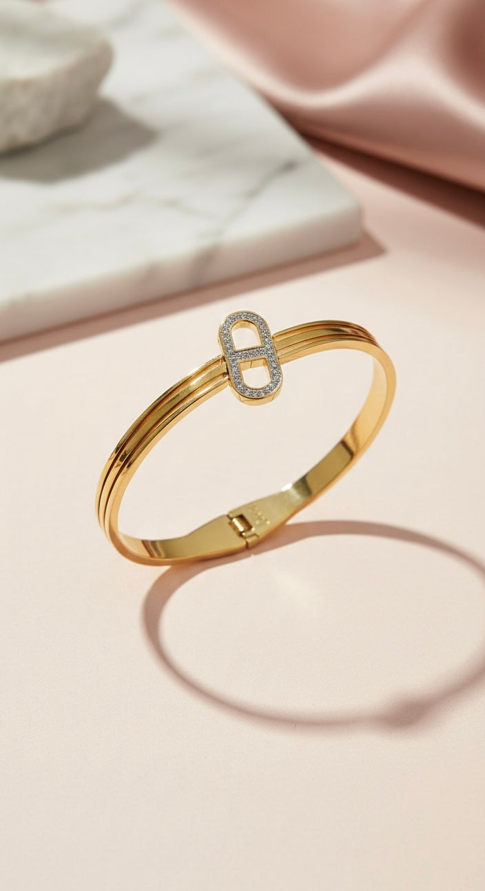 Gilded Icon Pavé Bangle - 18K Gold Plated Triple-Band Bracelet with Crystal Link 🔗✨