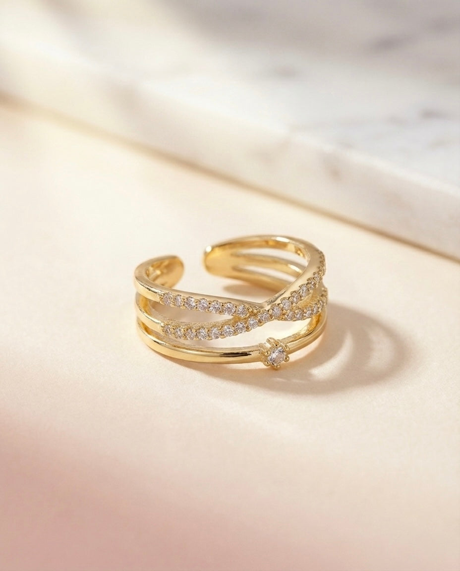 Gold Triple Layer Criss-Cross Ring - Shimmering Adjustable Band 💛