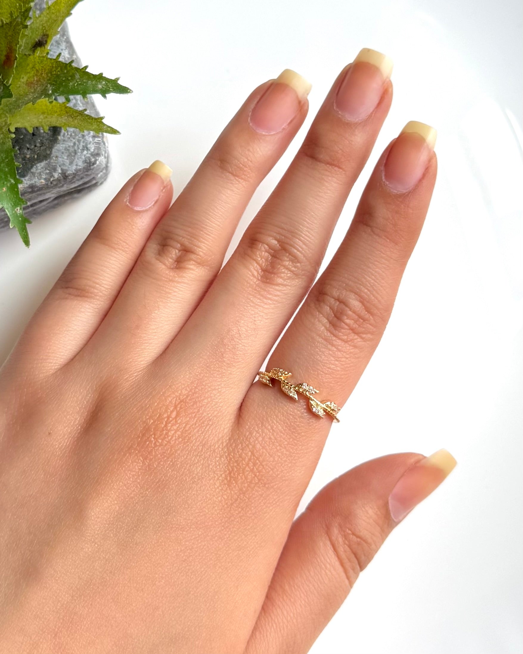 🌿 Gold Leaf Crystal Ring | Dainty Laurel Branch Ring | Minimalist Nature Ring 🌿