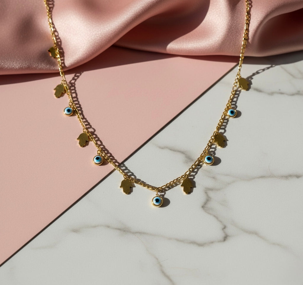 🌟 Evil Eye & Hamsa Charm Necklace – Gold Tone Protection Jewelry 🧿🤍