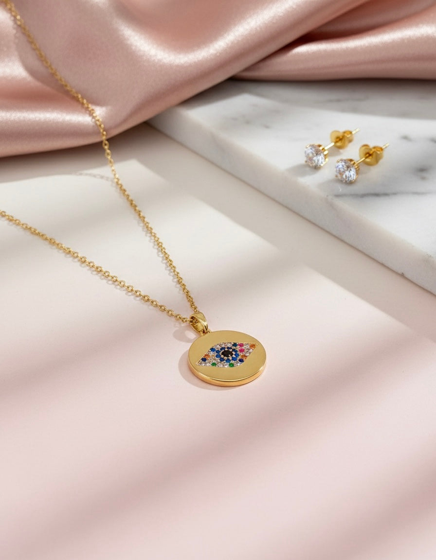 🧿 Evil Eye Necklace & Stud Earrings Set – Protection Meets Style