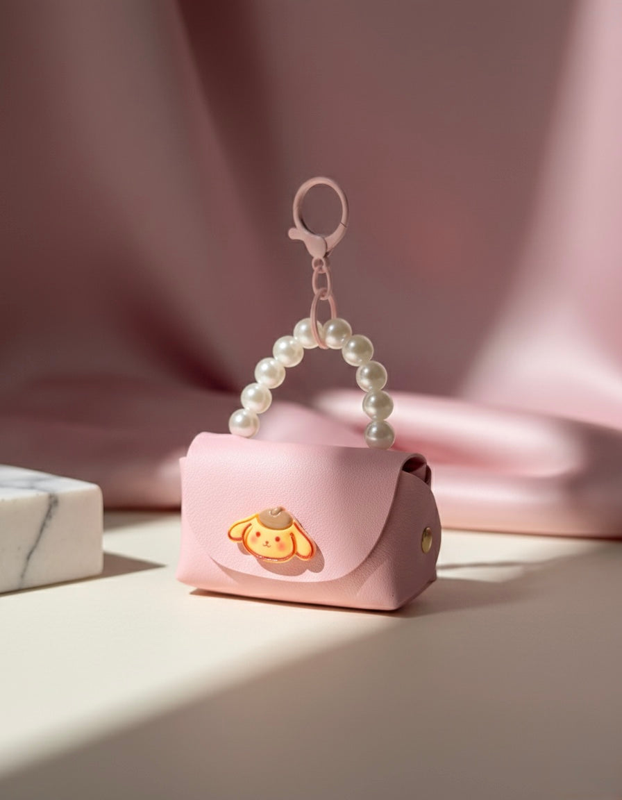 💗Cute Pink Mini Purse Bag Charm with Pearls & Puppy Design- Key Chain Accessory