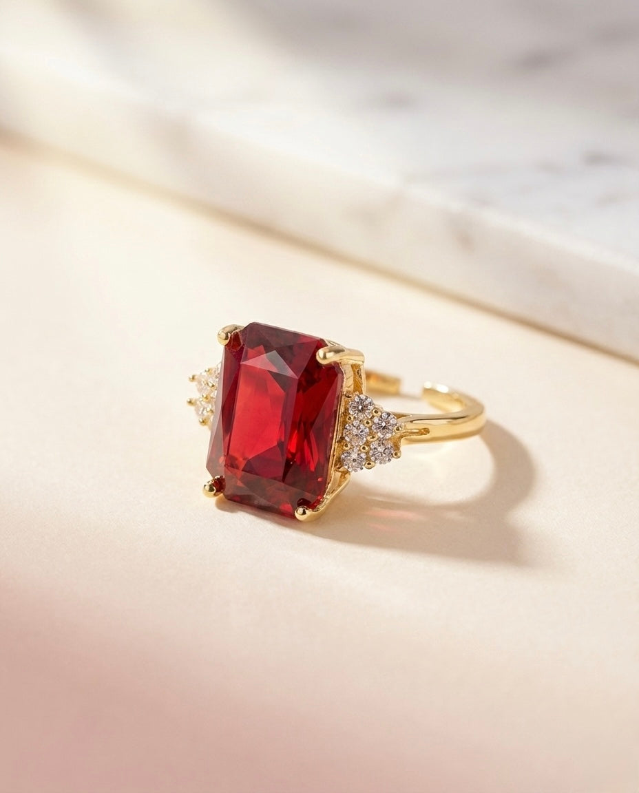 Gold Ruby-Red Statement Ring - Emerald Cut Gemstone 💎 ♥️