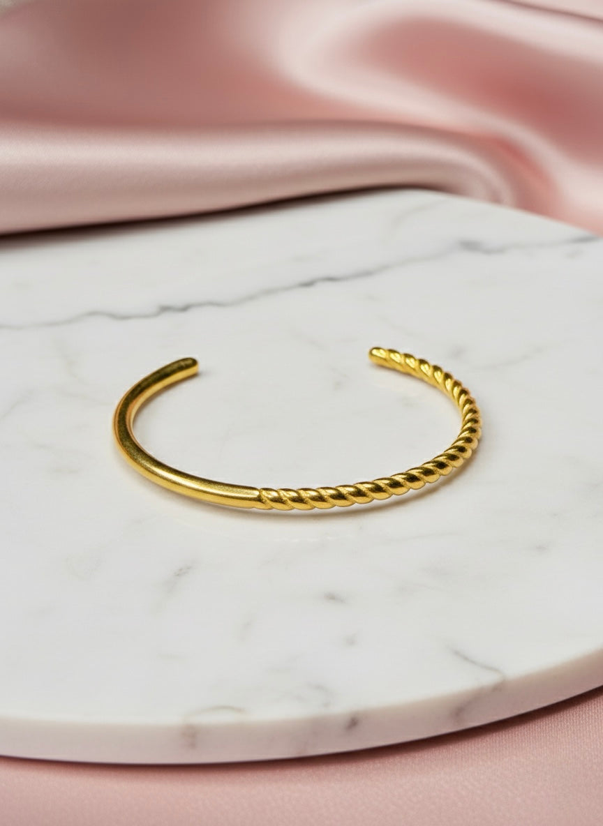 Gold Solid Rope & Plain Cuff Bracelet
