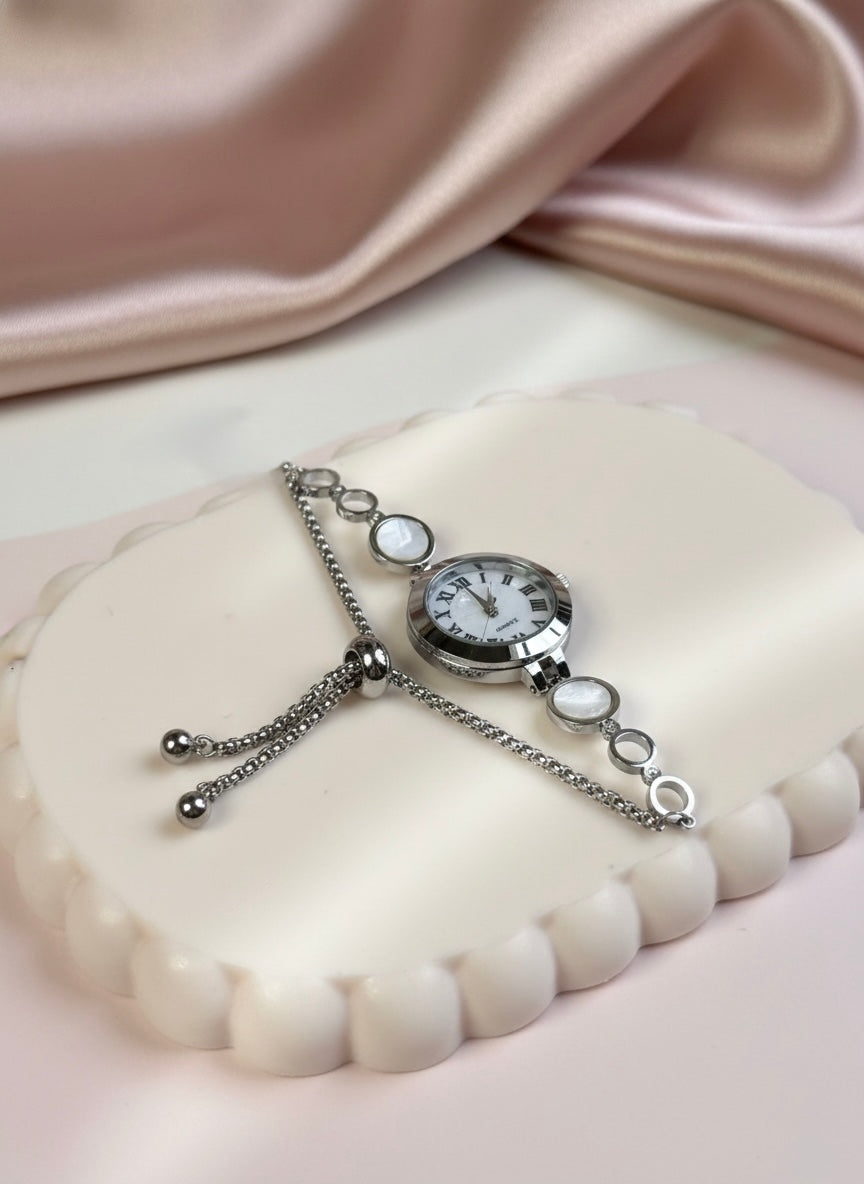 Classic Silver Link Watch with Pearlescent Accents ✨