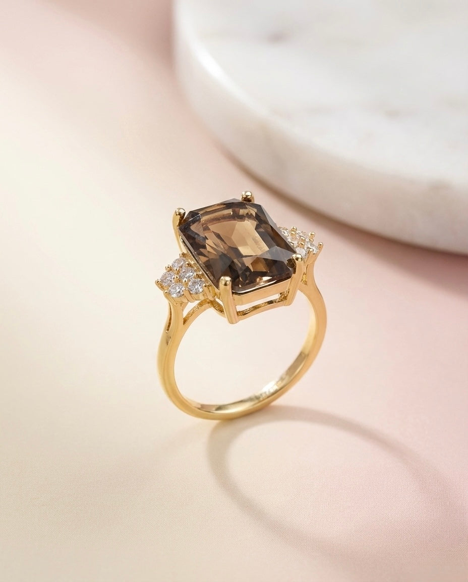 Gold Smoky Brown Gemstone Ring - Elegant Emerald Cut Statement 🤎✨