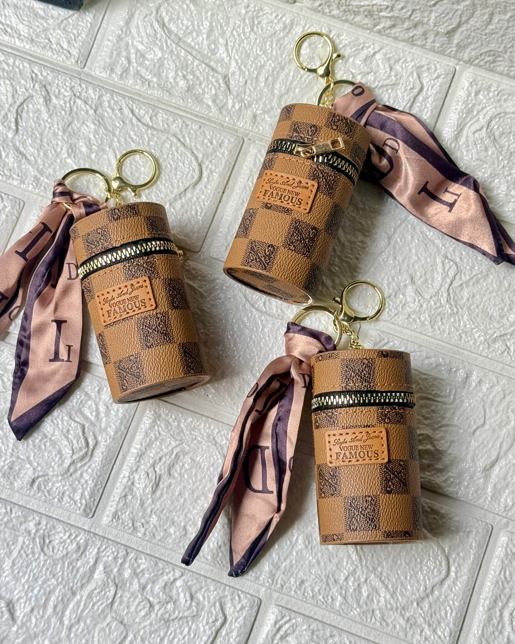 Luxury Checkered Bag Charm with Scarf