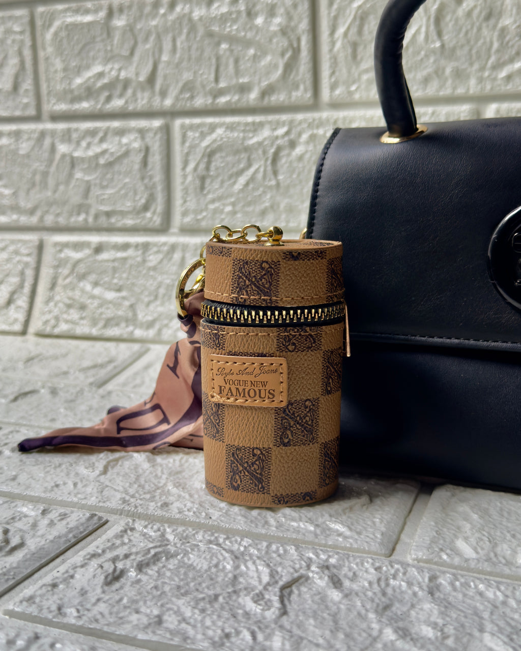 Luxury Checkered Bag Charm with Scarf